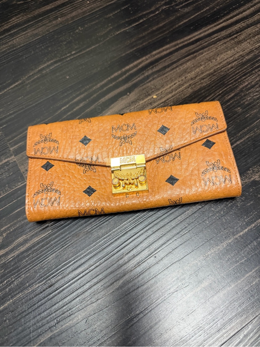 MCM Cognac Visetos Leather Wallet with Gold Lock